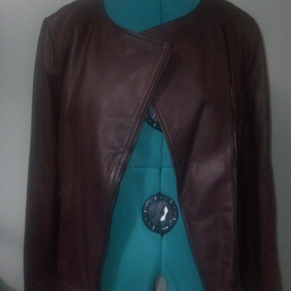 Neiman Marcus The Leather Collection Moto Jacket Burgundy Sz L NWT - Picture 8 of 15